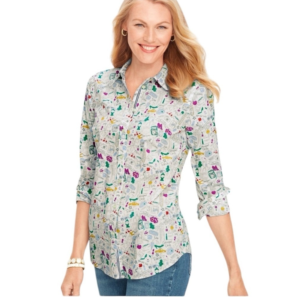 NYC DOODLE COTTON BUTTON FRONT SHIRT Talbots Plus Size XL Petite